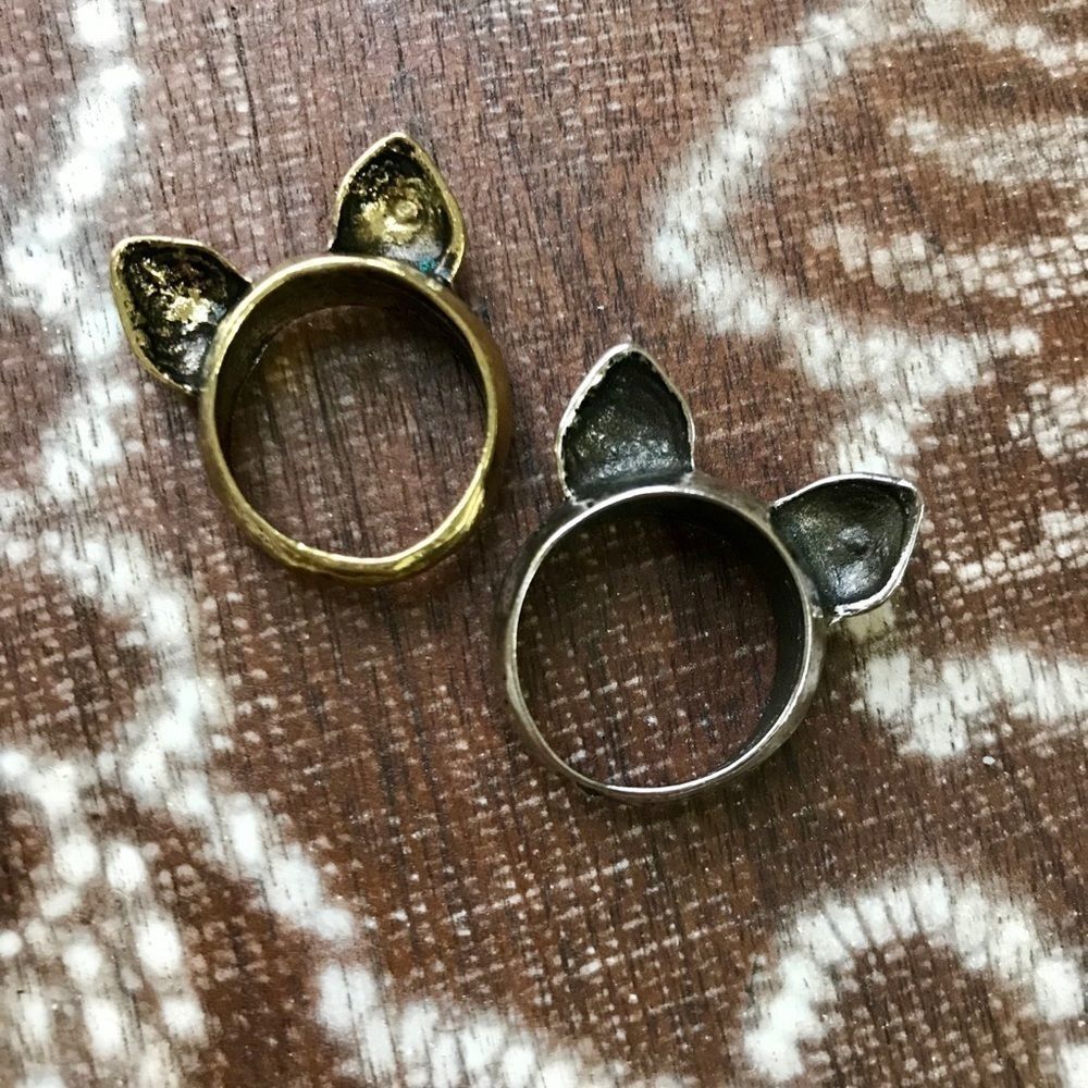 2 Kitty Cat Ring Kawaii Brass and Silver Size 7